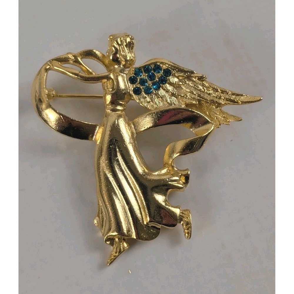 Vintage Gold Tone Angel‎ Brooch Blue Rhinestones Harp Pin Religious Figural